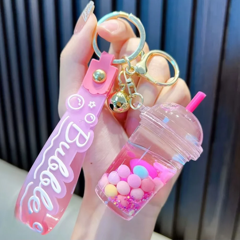 Pink Pearl Bubble Milk Tea‎ Keychain with Gold Accents Boba Drink Purse Charm